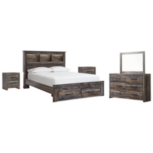 Drystan Queen Bookcase Bed with 2 Storage Drawers with Mirrored Dresser and 2 Nightstands, Multi