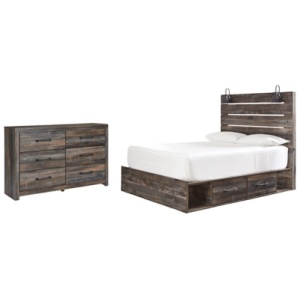 Drystan Queen Panel Bed with 2 Storage Drawers with Dresser, Multi