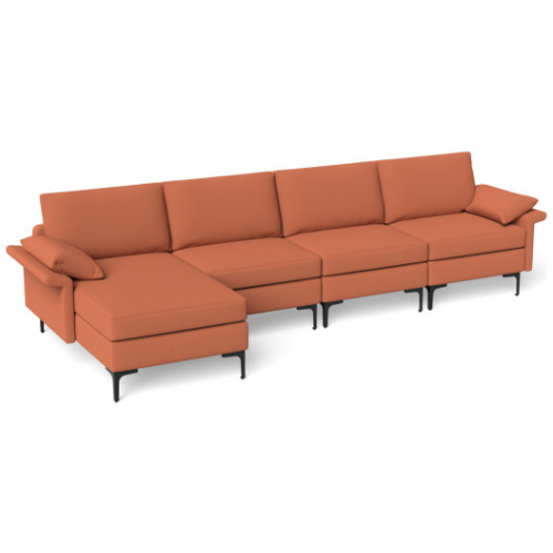 Extra Large L-shaped Sectional Sofa with Reversible Chaise and 2 USB Ports for 4-5 People-Rust Red