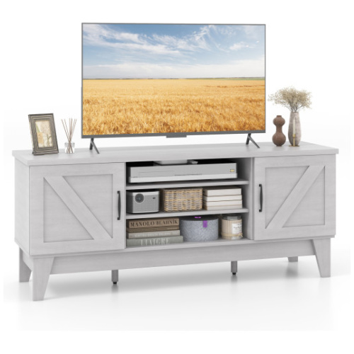 Farmhouse TV Stand for TVs Up to 65 Inches with 2 Barn Door Cabinets-Gray