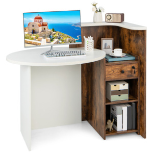 Front Reception Office Desk with Open Shelf and Drawer-Brown & White