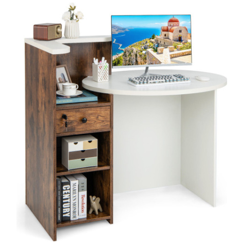 Front Reception Office Desk with Open Shelf and Lockable Drawer-Rustic Brown