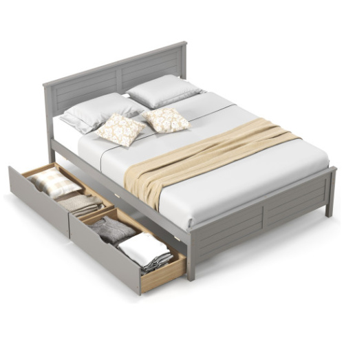 Full Size Bed Frame with Storage Drawers and Solid Wood Headboard-Gray