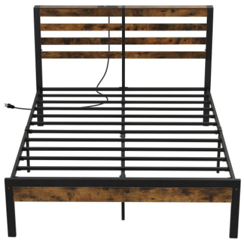 Full/Queen Size Bed Frame with Charging Station and Storage Headboard-Full Size