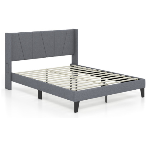 Full/Queen Size Bed Frame with Wingback Headboard and Wood Slat Support-Queen Size