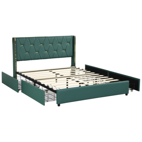 Full/Queen Size Upholstered Bed Frame with 4 Drawers-Green-Full Size