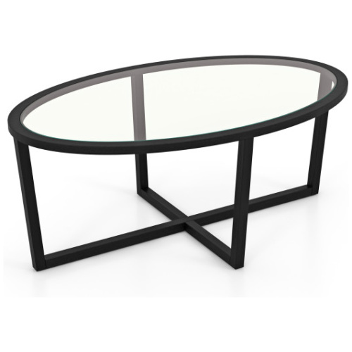 Glass Coffee Table Oval Living Room Table with Cross Base and Acacia Wood Legs-Black