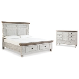 Havalance California King Poster Bed with Dresser, White/Gray