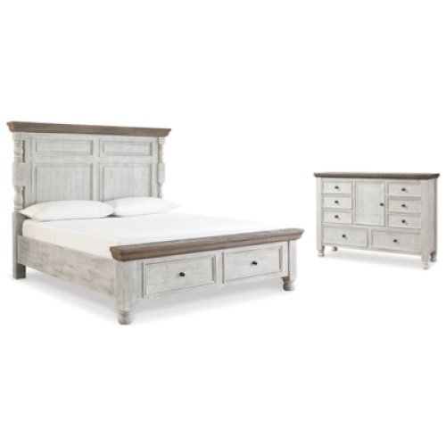 Havalance California King Poster Bed with Dresser, White/Gray