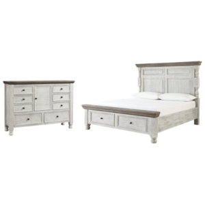 Havalance King Poster Bed with 2 Storage Drawers with Dresser, White/Gray