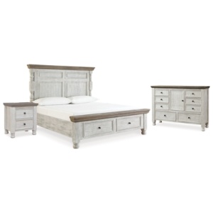 Havalance Queen Poster Bed with Dresser and Nightstand, White/Gray