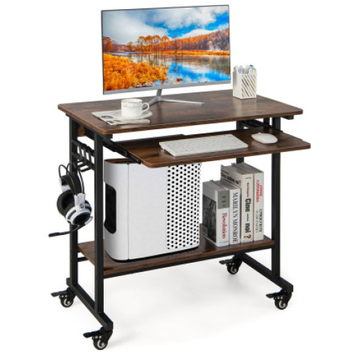 Home Office Computer Desk Cart with Pull-out Keyboard Tray-Rustic Brown