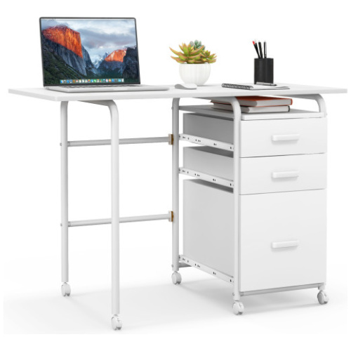 Home Office Folding Computer Laptop Desk Wheeled with 3 Drawers-White