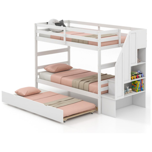 Home Wood Bunk Bed with Guard Rail and 4-step Storage Stairs No Box Spring Needed-White