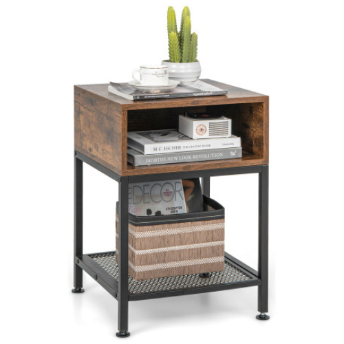 Industrial Nightstand End Side Table with Mesh Shelf