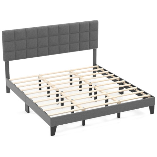 King Size Modern Linen Bed Frame with Adjustable Headboard-Gray