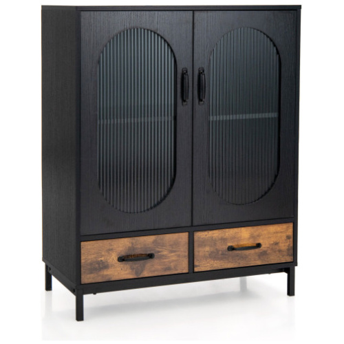 Kitchen Industrial Buffet Sideboard with Tempered Glass Doors-Black