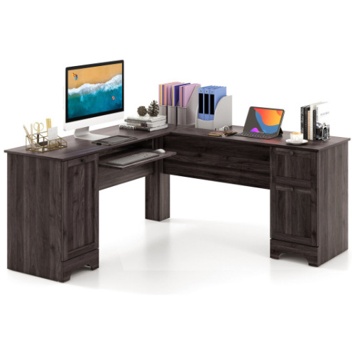 L-Shaped Office Desk with Storage Drawers and Keyboard Tray-Dark Brown