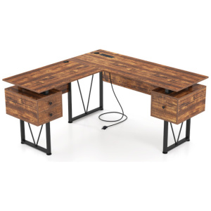 L-shaped Computer Desk with Power Outlets and 3 Storage Drawers-Rustic Brown