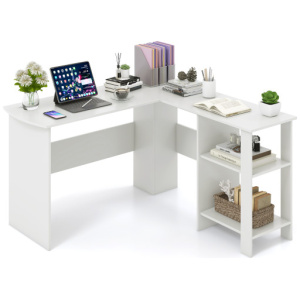 Large Modern L-shaped Computer Desk with 2 Cable Holes and 2 Storage Shelves-White