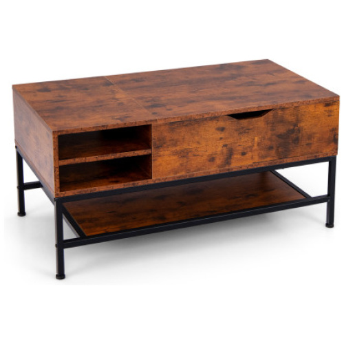 Lift Top Coffee Table with Hidden Compartment and Removable Storage Shelf-Rustic Brown