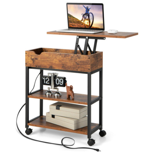 Lift Top End Table with Charging Station and Universal Wheels-Rustic Brown