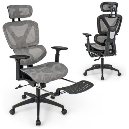 Mesh Office Chair with Tilting Backrest and Retractable Footrest-Gray