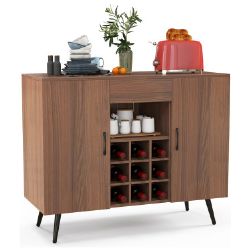 Mid-century Modern Buffet Sideboard Server Cabinet with 9-Bottle Wine Rack-Walnut