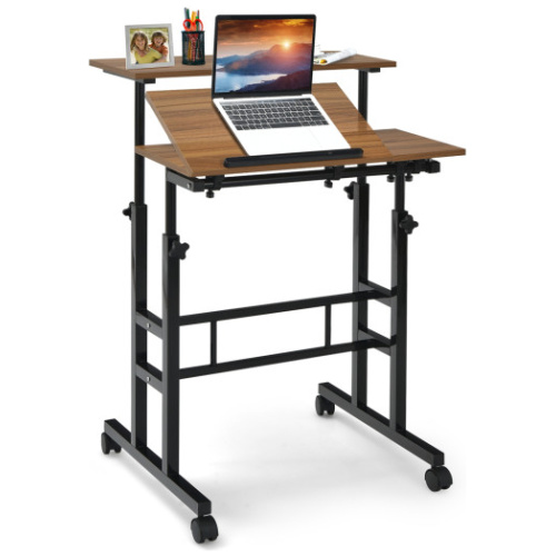 Mobile Standing up Desk Adjustable Computer Desk Tilting Workstation-Walnut