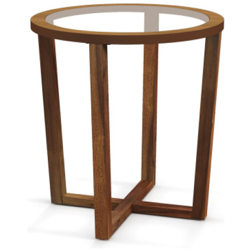 Modern Round End Table Sofa Side Table with Transparent Tempered Glass Top-Brown