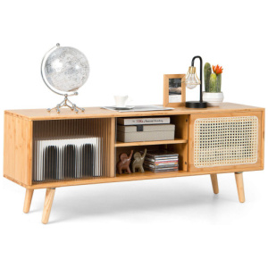 Modern TV Stand with Rattan Glass Sliding Doors-Natural