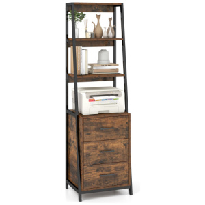 Multifunctional Tall Bookcase with Open Shelves and Storage Drawers-Rustic Brown