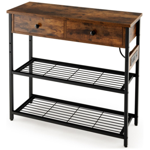 Narrow Console Table with 2 Drawers and 2 Metal Mesh Shelves-Rustic Brown