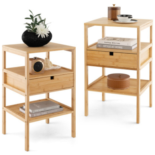 Nightstand Set of 2 Bamboo End Table with 2 Open Shelves and Drawer-Set of 2