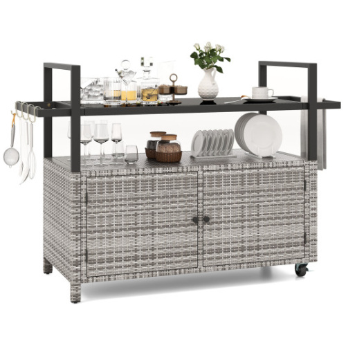 Outdoor Bar Cart Wicker Buffet Serving Cart with Cabinet and 8 Hooks-Gray