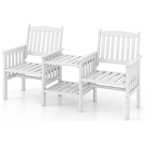 Outdoor Fir Wood Loveseat with 2-Tier Side Table and 1.96" Umbrella Hole-White