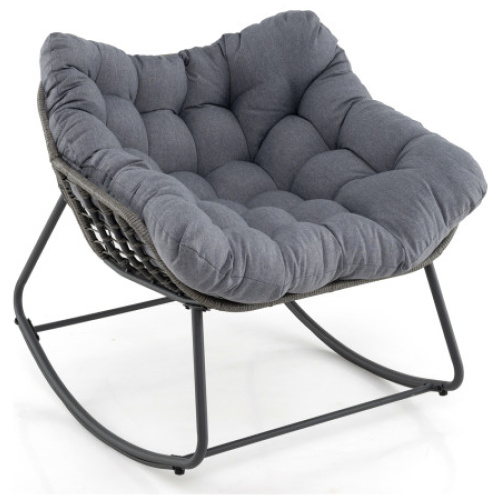 Outdoor Rocking Chair Oversized Patio PE Wicker Egg Chair with Cushion-Gray