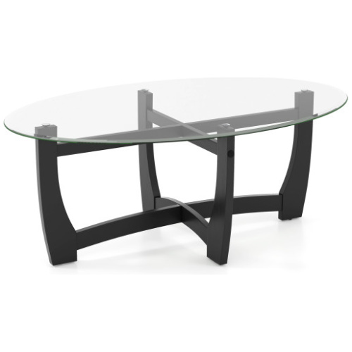 Oval Coffee Table with Tempered Glass Tabletop and Rubber Wood Legs-Black