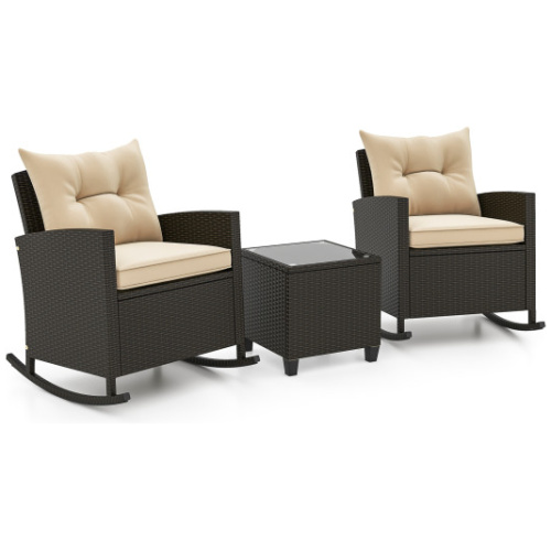 Patio Rattan Roker Chairs with Tempered Glass Table and Soft Cushions for Backyard, Poolside Porch-Beige