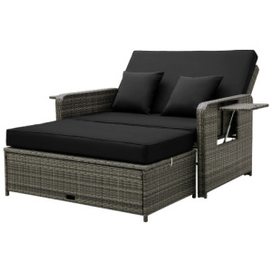 Patio Wicker Loveseat Sofa with Multipurpose Ottoman and Retractable Side Tray-Black