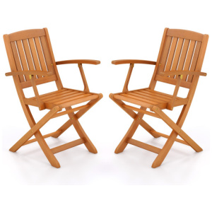 Patio Wood Folding Chair Set of 2 with Armrests and Slatted Seat