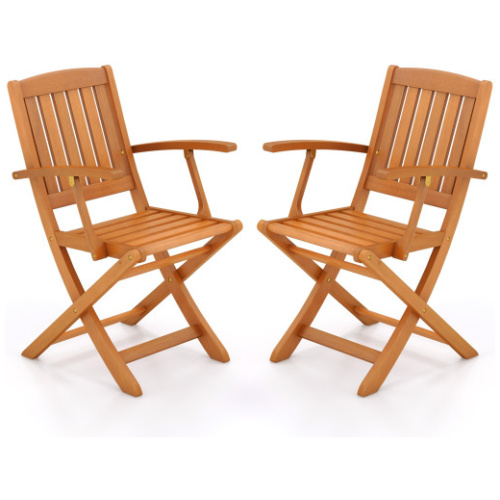 Patio Wood Folding Chair Set of 2 with Armrests and Slatted Seat