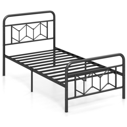Platform Bed with High Headboard and Snap Lock Metal Slats-Twin Size