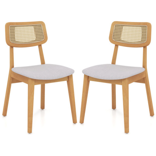 Rattan Dining Chair Set of 2 with Can Back and Rubber Wood Frame-Natural