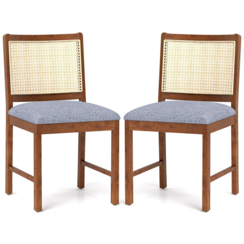 Rattan Dining Chair Set of 2 with Rubber Wood Frame and Linen Fabric Padded Seat-Walnut
