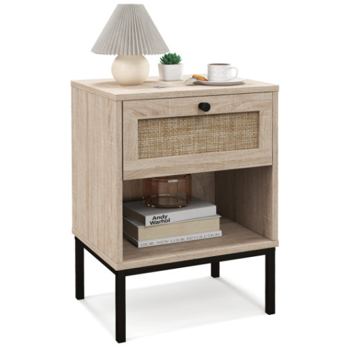 Rattan Nightstand Boho End Table with Rattan Drawer & Open Shelf-Oak
