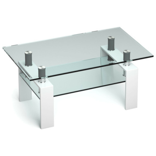 Rectangle Glass Coffee Table with Metal Legs for Living Room-White