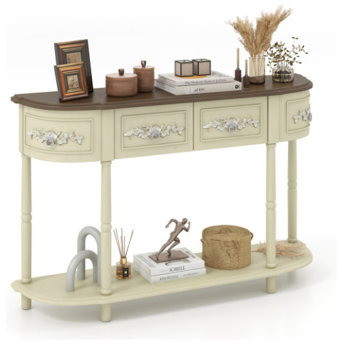 Retro Curved Console Table with Drawers and Solid Wood Legs-Beige