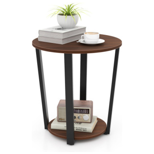 Round End Table with Open Shelf and Metal Frame-Walnut