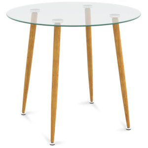 Round Glass Dining Table Leisure Coffee Table with Metal Legs-Natural